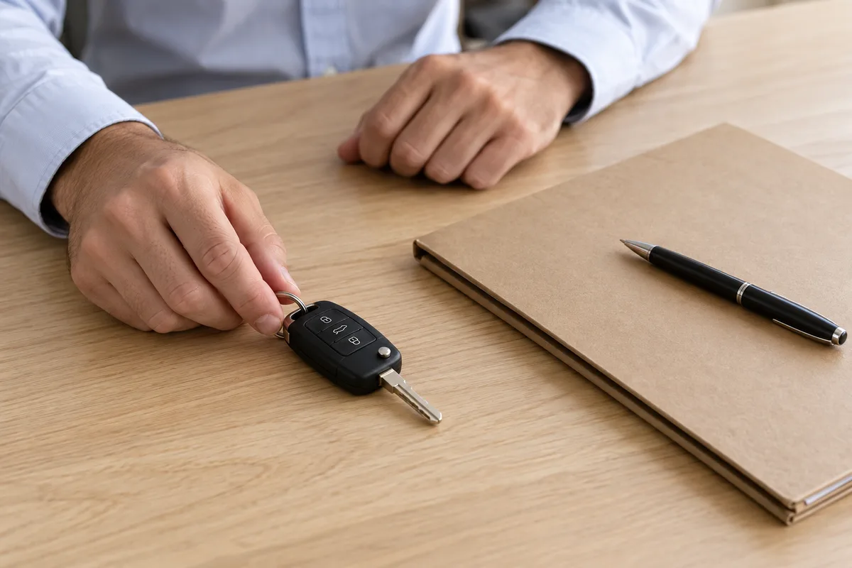 Mains d&rsquo;un professionnel posant des clés de voiture sur un bureau en bois à côté d&rsquo;un dossier fermé