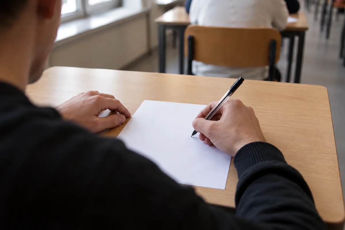 Mains d’un candidat écrivant au stylo sur une feuille posée sur une table d’examen