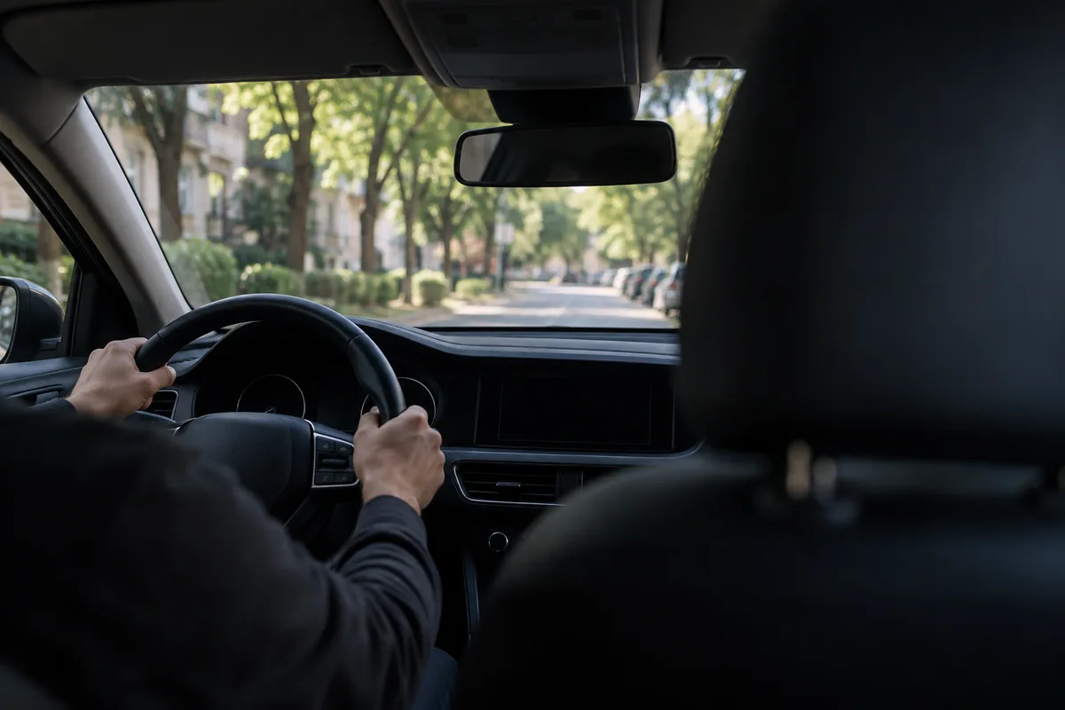 Vue depuis la banquette arrière d’une berline, mains du conducteur sur le volant dans une rue calme