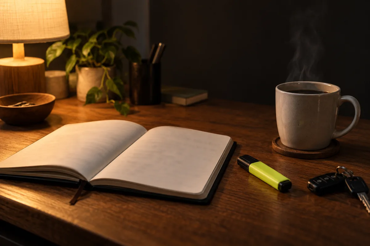 Cahier de révision ouvert, surligneur et clés de voiture posés sur un bureau en bois
