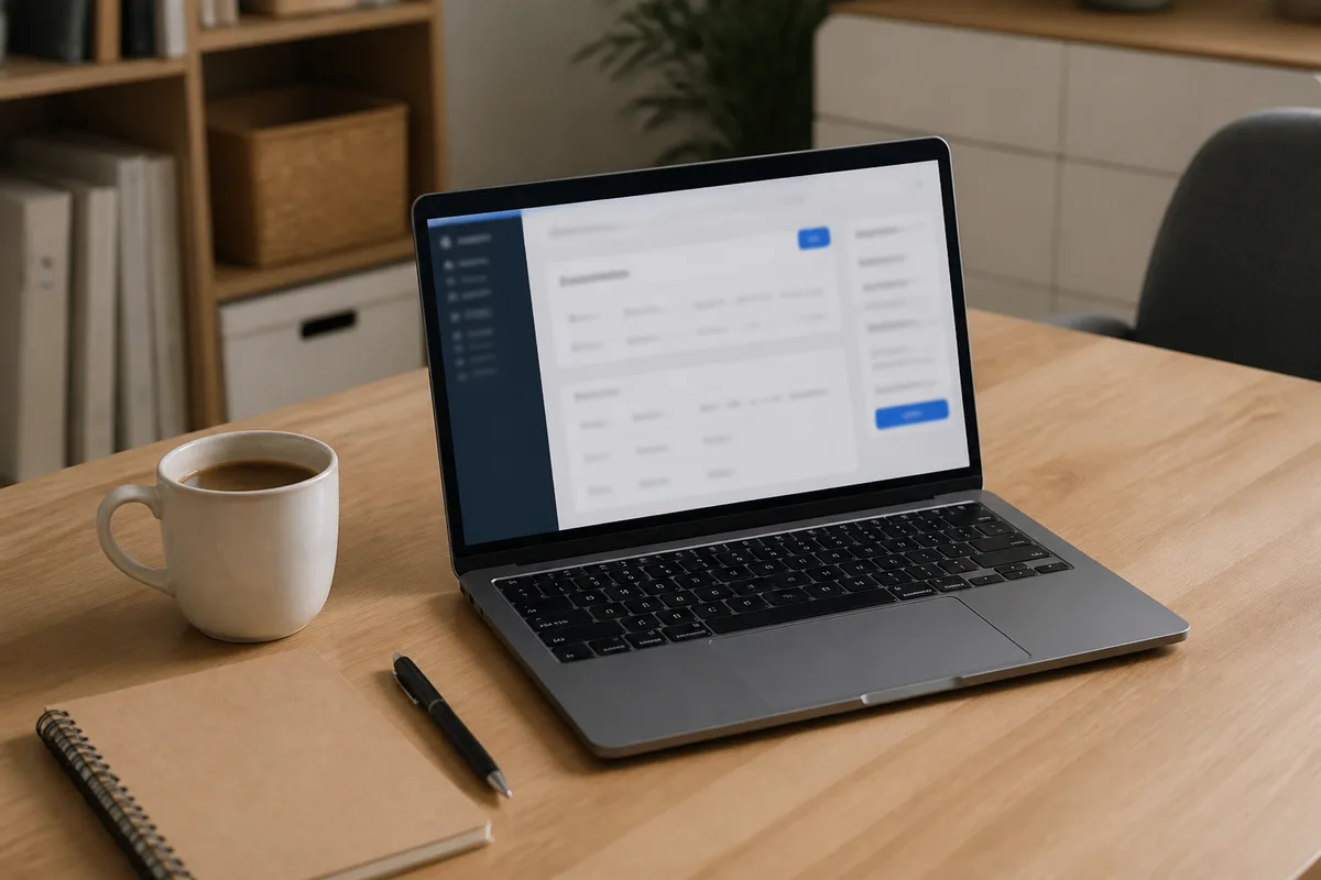 Poste de travail avec ordinateur portable affichant un formulaire administratif en ligne