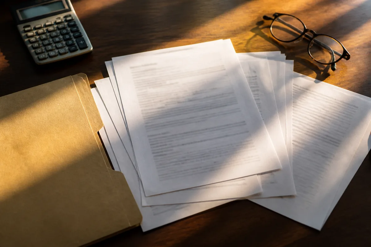 Documents comptables et attestation d&rsquo;assurance posés sur un bureau en bois
