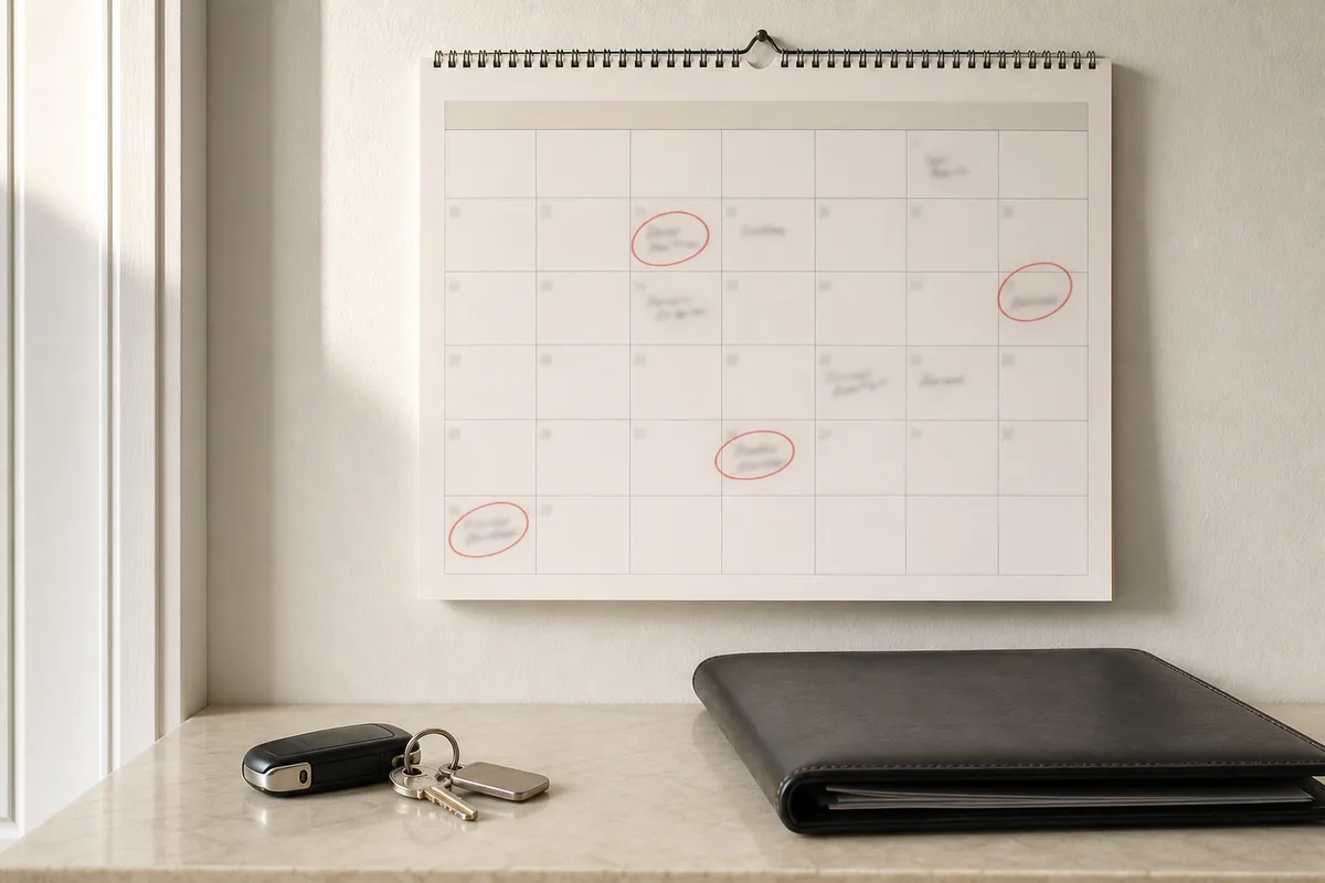 Calendrier mural annoté et clés de véhicule posées sur un plan de travail