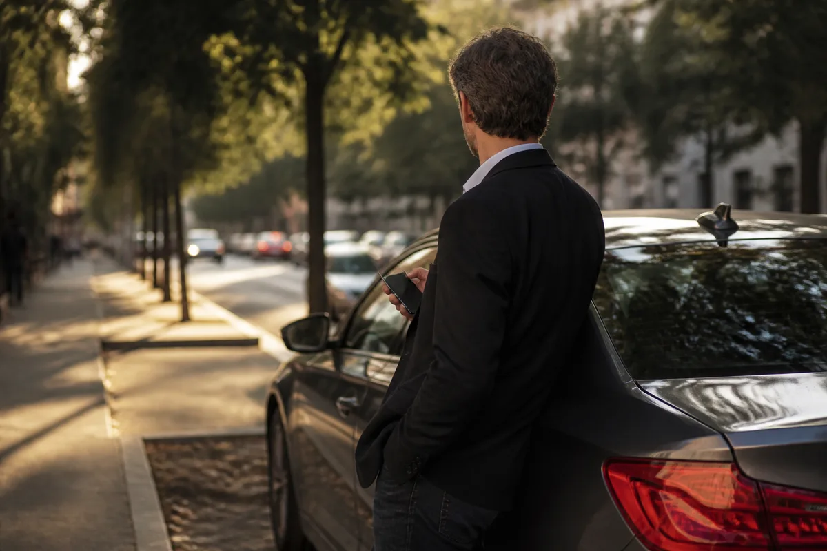 Chauffeur professionnel consultant son téléphone à côté d&rsquo;un véhicule stationné