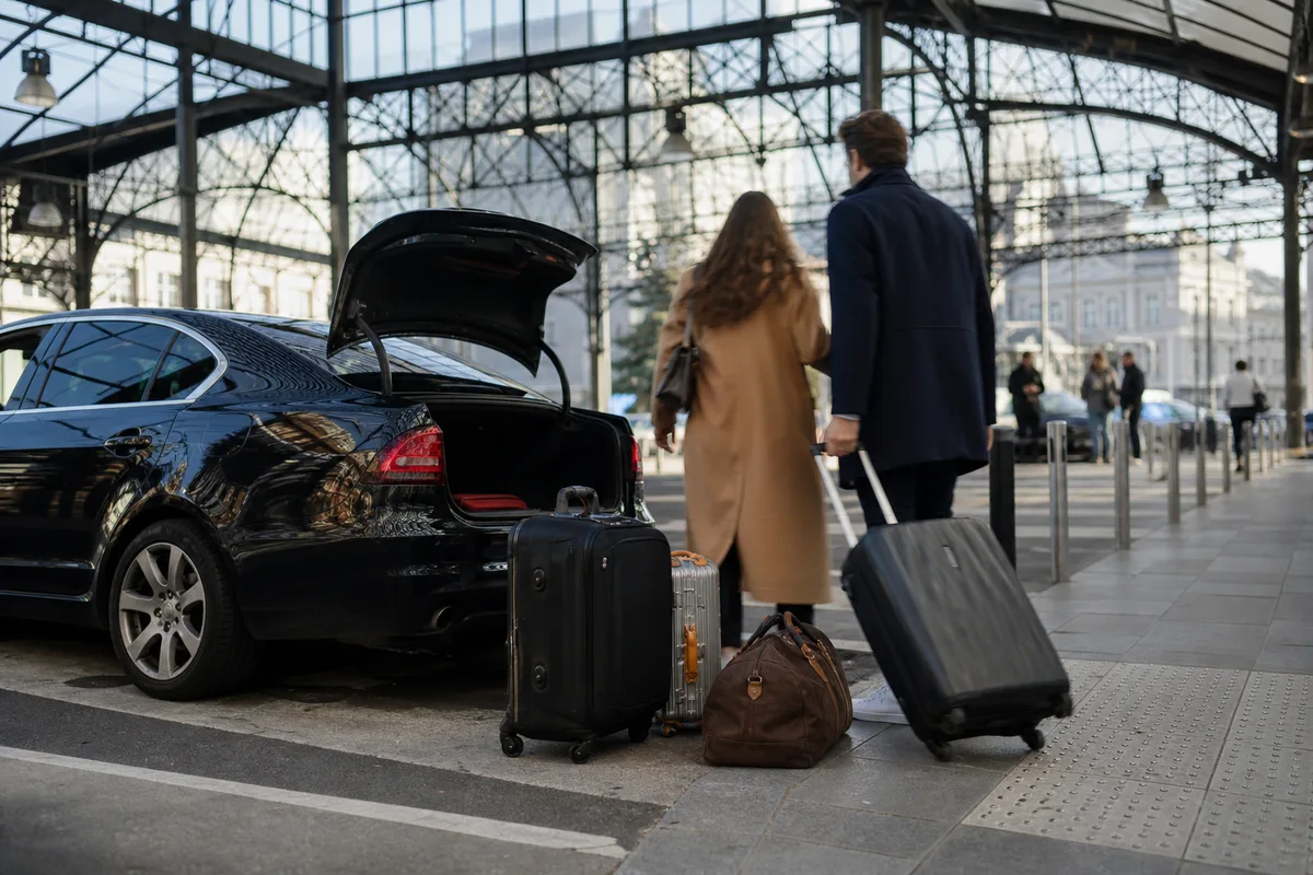 Passagers montant à bord d&rsquo;une berline devant un hall de gare
