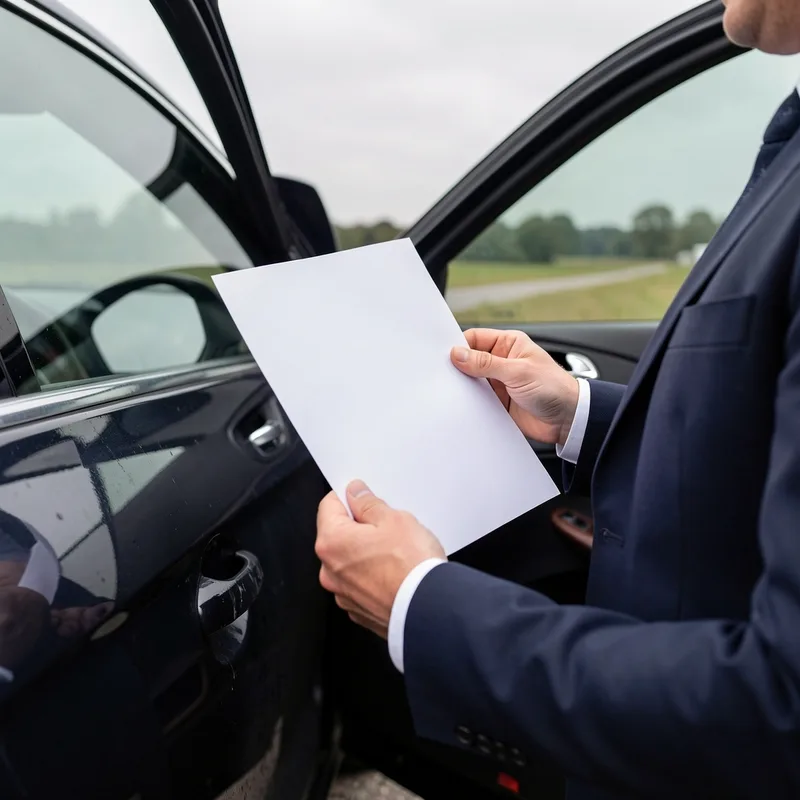 Chauffeur professionnel présentant un document administratif à côté d’une berline sombre