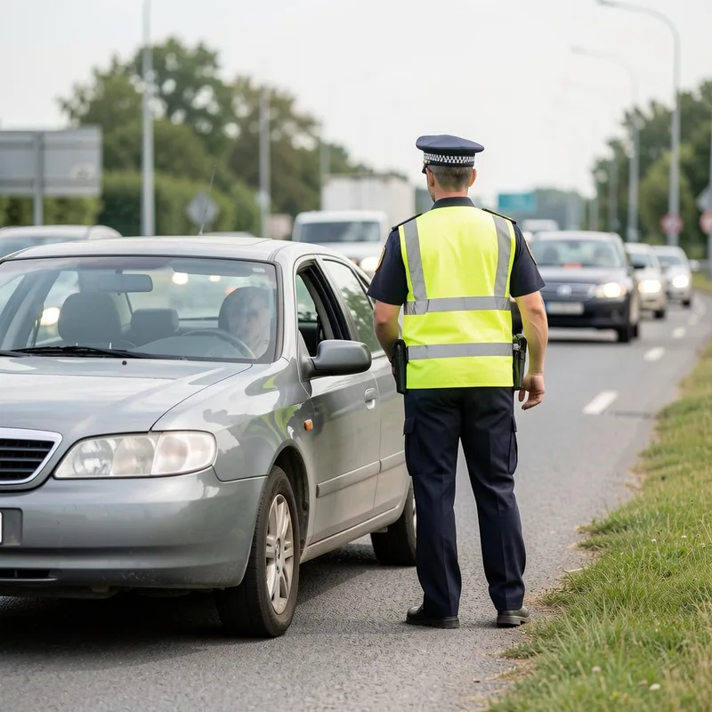 Agent en gilet haute visibilité effectuant un contrôle de véhicule en bord de route