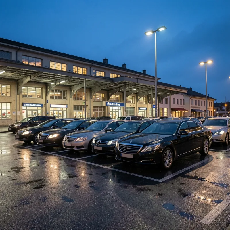 Voitures stationnées le long d’un parvis de gare à la tombée du jour