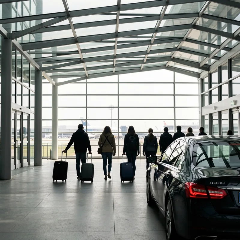 Voyageurs attendant devant l’entrée vitrée d’un terminal d’aéroport