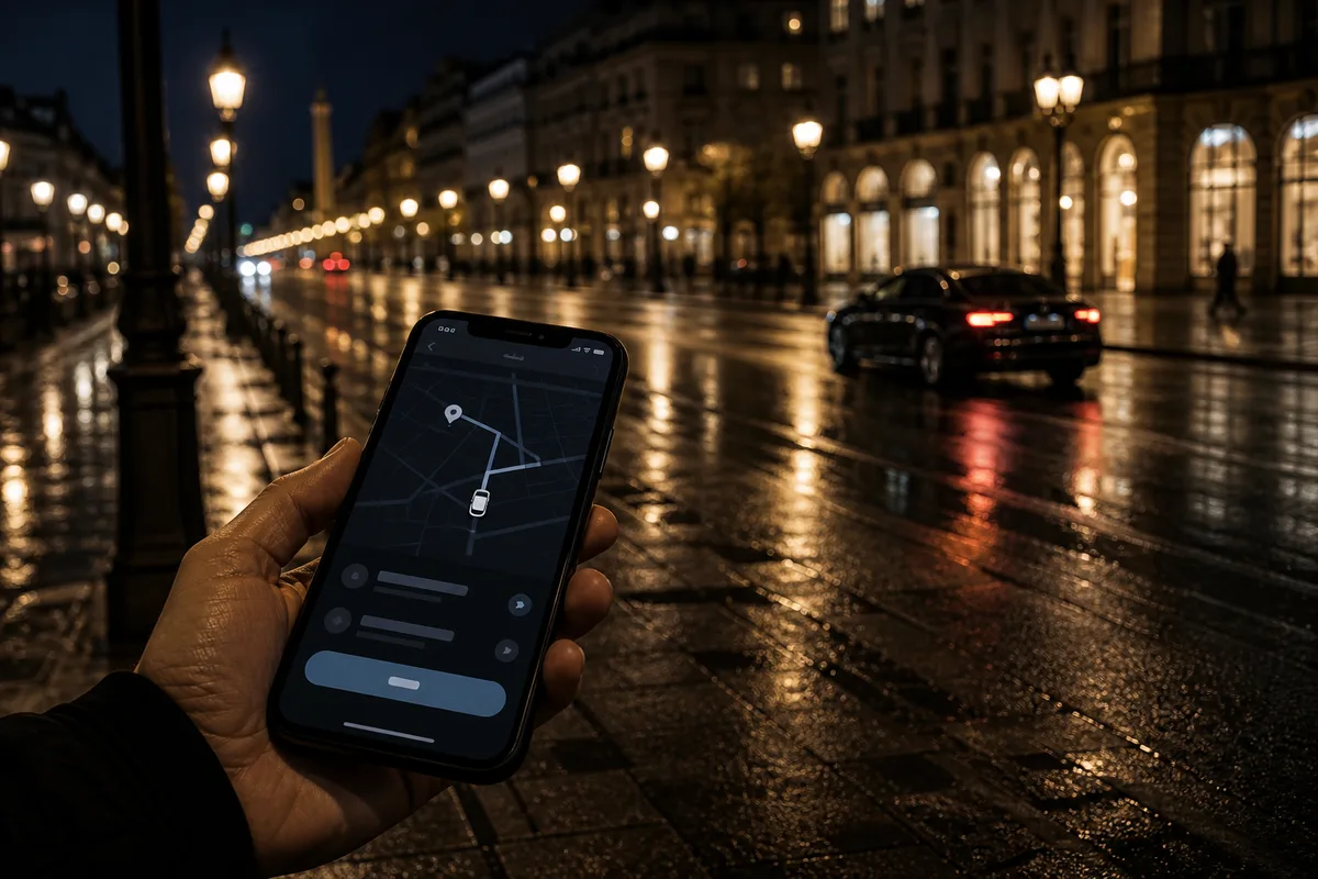 Écran de smartphone affichant une réservation de course avec chauffeur en cours