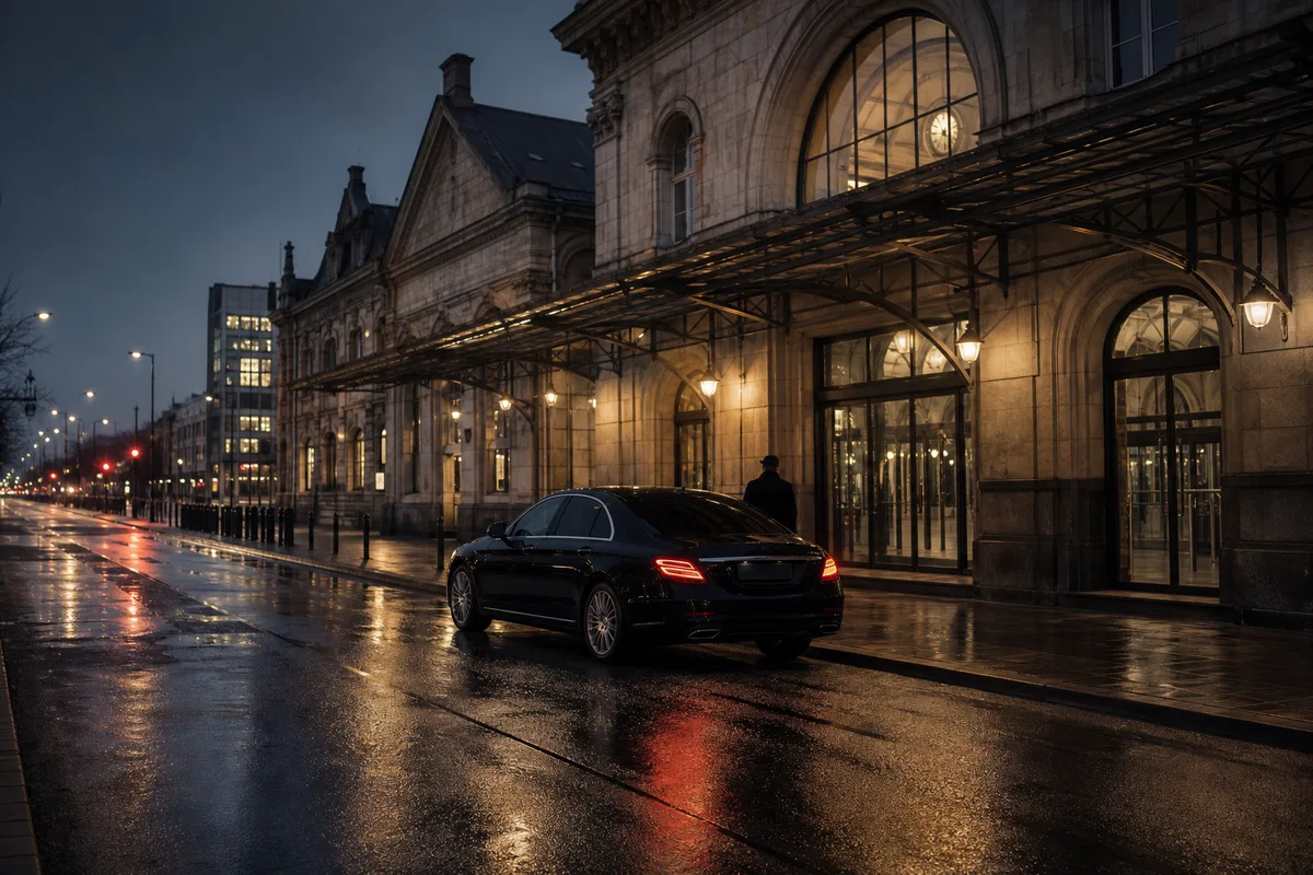 Voiture avec chauffeur stationnée devant une entrée de gare au petit matin