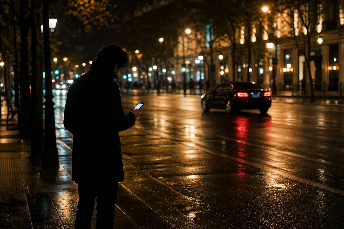 Passager consultant son téléphone au bord du trottoir avant l&rsquo;arrivée d&rsquo;une berline noire