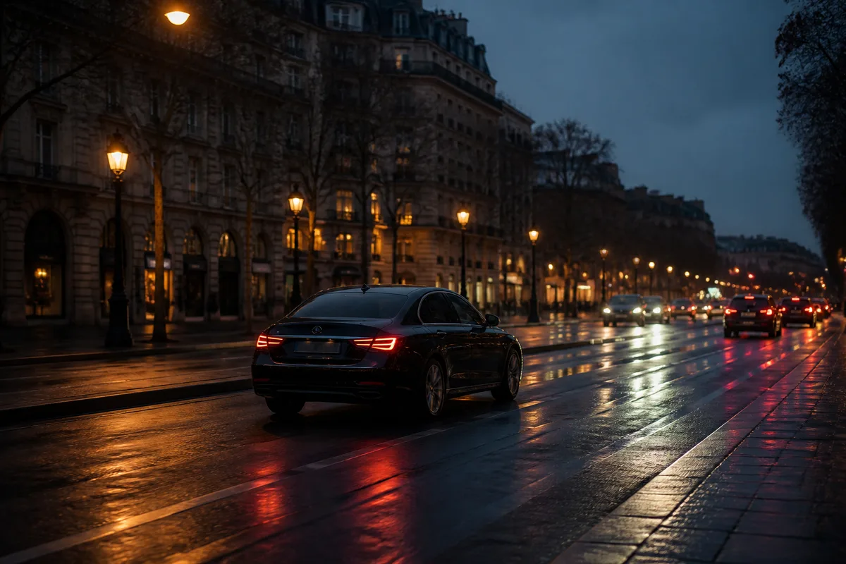 Berline avec chauffeur circulant sur un boulevard urbain en fin de journée