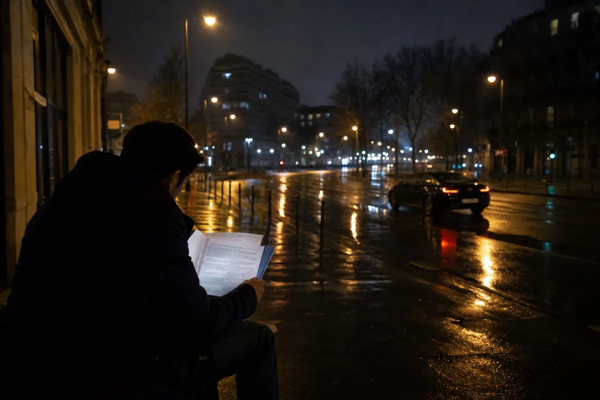 Candidat révisant des documents réglementaires avant un examen professionnel