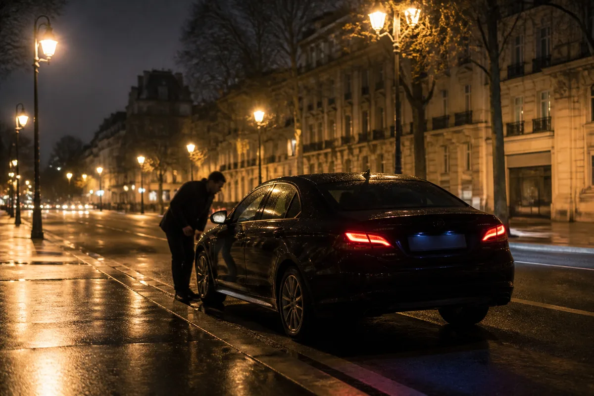 Chauffeur professionnel vérifiant l&rsquo;état extérieur de son véhicule avant sa journée