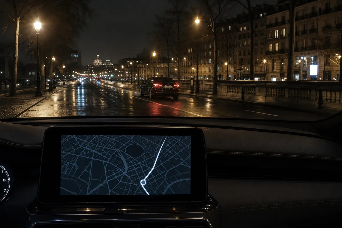 Tableau de bord d&rsquo;une berline affichant un itinéraire de navigation urbain