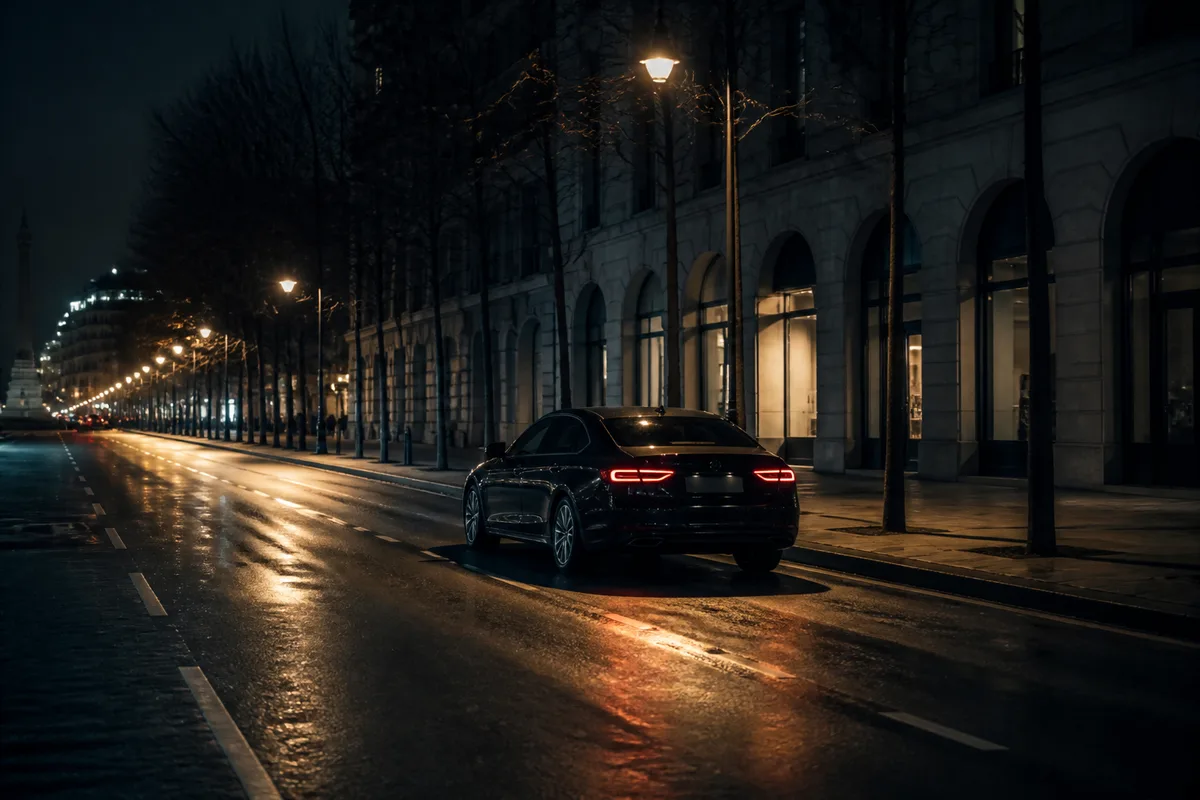 Berline sombre à l'arrêt le long d'un trottoir éclairé par les lumières de la ville de nuit