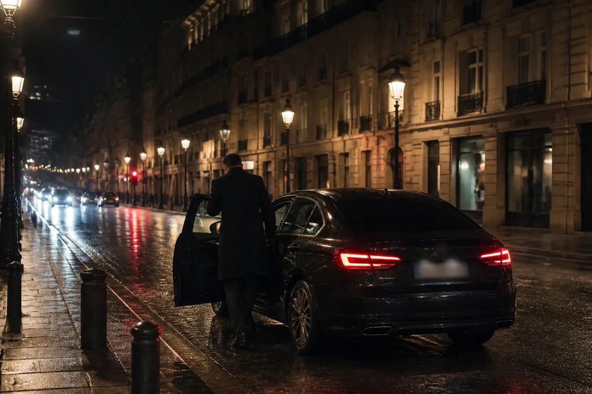 Passager montant à l’arrière d’une berline sombre en ville