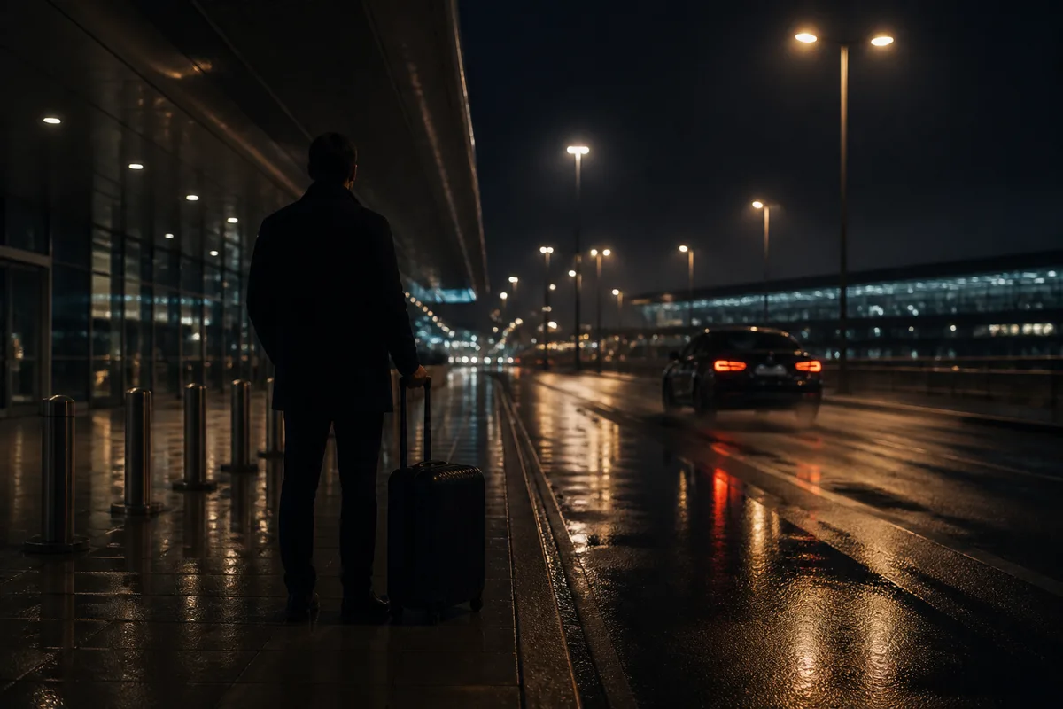 Voyageur avec valise attendant devant un terminal d&rsquo;aéroport