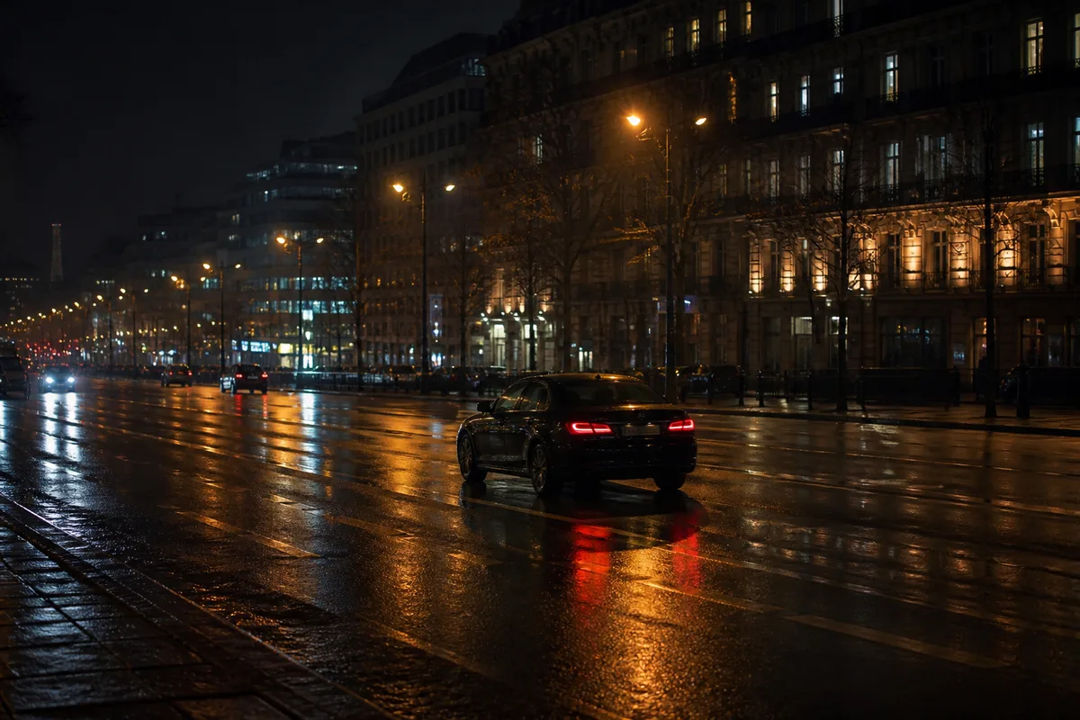 Berline circulant sur une avenue urbaine bordée d&rsquo;immeubles