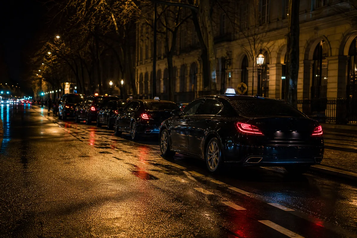 Station de taxis avec véhicules en attente le long d’un trottoir urbain