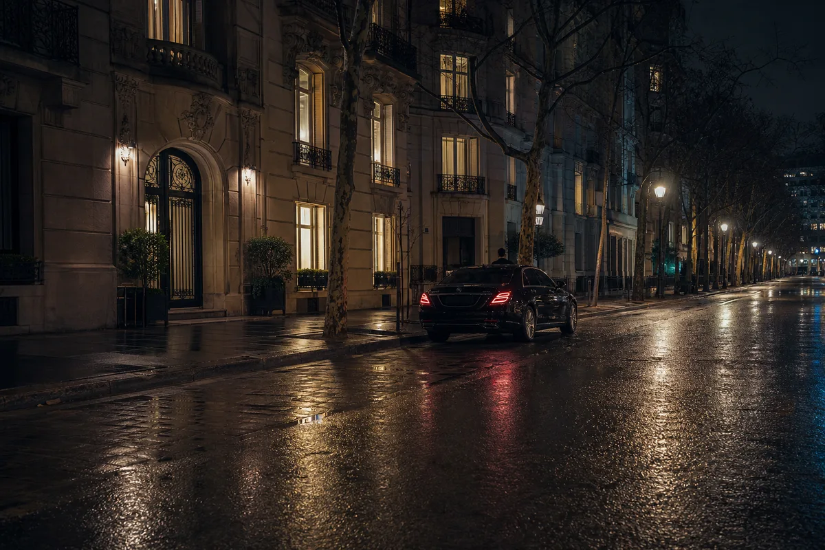 Voiture avec chauffeur attendant un passager devant un immeuble résidentiel