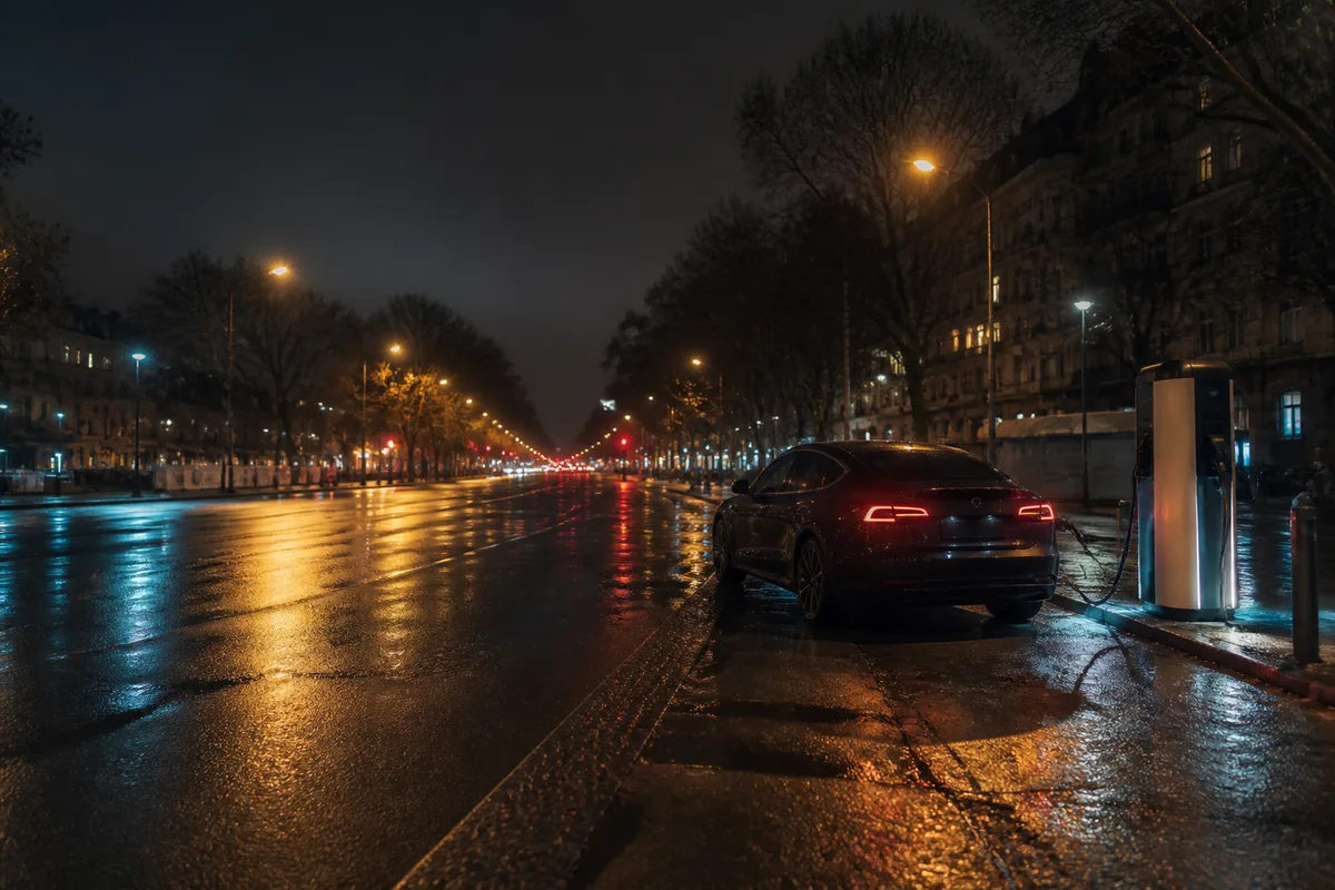 Véhicule électrique en charge sur une borne rapide en milieu urbain