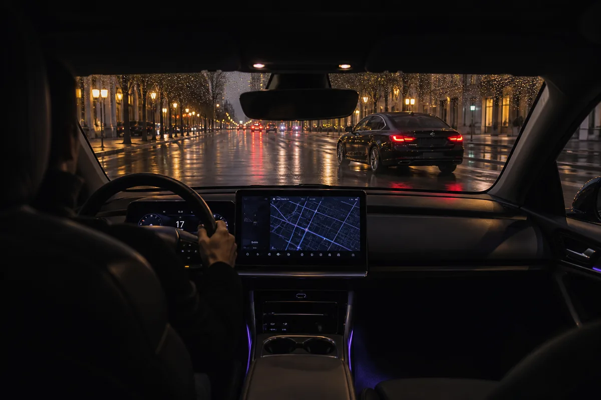 Intérieur soigné d’une berline électrique avec chauffeur au volant